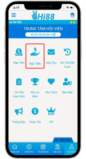 Bước 1: Chọn tài khoản → Truy cập mục RÚT TIỀN